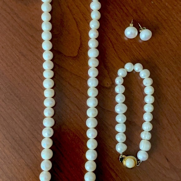 Vintage real pearl set long necklace bracelet earrings with real diamonds & gold - Picture 14 of 16